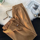 Autumn Fashion Women Corduroy Sweatpants Bf High Waist Drawcord Korean Solid Casual Wide Leg Pants Winter Warm Straight Trousers