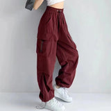 Summer Parachute Black Pants Women Hippie Streetwear Oversize Pockets Cargo Trousers Harajuku Wide Leg Baggy Sweatpants Women