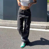 HiqdressWomen Loose Wide Leg Straight Jeans Vintage Streetwear Ladies Mid Waist Button Splicing Denim Pants Comfortable Casual Trousers