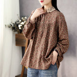 HiqdressWomen Long Sleeve Casual Shirts New Spring Vintage Style Lace Collar Floral Print Loose Female Cotton Tops Shirt