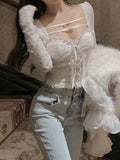 Spring Sexy Bodycon White Blouse Women Slim Korean Fashion Y2k Crop Tops Basic Casual Vintage Lace Pullover Long Sleeve