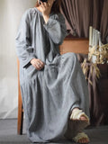 Women Retro Loose Flax Dress 2024 New Spring Summer O-Neck Drawstring Wrist Sleeve Casual Dress