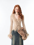 Elegant Vintage V-neck Lace Up Furry Plush Cardigan Women Spring Crop Top Long Sleeve Sweaters Sexy Slim Fit Bottoming Tops