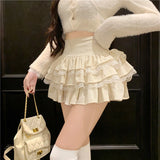 Lace Patchwork Mini Skirt Girly Style Fashion High Waist Ball Gown Korean Sexy Apricot Ruffles Pleated Skirt Ladies New