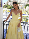 Women Elegant Yellow Pleated Evening Gowns Sleeveless Deep V Neck Off Shoulder Backless Long Dresses Lady Sexy Party Robes