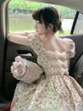 Tea Break French Dresses Floral Bubble Sleeve Dress 2024 Women Summer Waist Backless Bow Princess Poncho Vestido