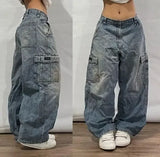 HiqdressStreet Vintage Jeans New Y2K Harajuku Wash blue Multiple pockets Baggy Jeans Denim Pants Mens Womens High Waist Wide Trousers