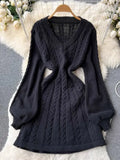 Twist Knitted Dress Women V Neck Lantern Sleeve Mini Female A-line Dresses 2024 Early Spring Solid All-match Lady Short Robe