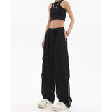 HiqdressWomen Big Pockets Cargo Pants Y2k High Elastic Waist Drawstring Baggy Trousers Vintage Casual Loose Side Zipper Straight Pants