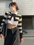 HOUZHOU Vintage Y2K Striped Cropped Sweater Cardigan Women Kpop Knitted Tops Korean Streetwear Harajuku Jumper Two Piece Set