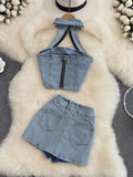 HiqdressWomen Halter Backless Sexy Denim Top Hig Waist Shorts New Two Piece Set Temperament Fashion Spring Summer