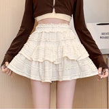 Sweet Cute Lace Mini Skirt Women Kawaii White Ruffles Pleated Skirts Summer Korean High Waist Black Casual A Line Skirt