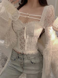 Spring Sexy Bodycon White Blouse Women Slim Korean Fashion Y2k Crop Tops Basic Casual Vintage Lace Pullover Long Sleeve