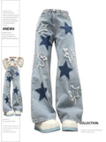 HiqdressWomen's Baggy Blue Star Jeans Vintage Y2k 90s Aesthetic Denim Trousers Harajuku High Waist Wide Cowboy Pants 2000s Clothes