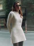 Women Elegant Solid Knitted Mini Dress Fashion Long Sleeve O Neck Ribbed Dresses Autumn Winter Female Streetwear Robes