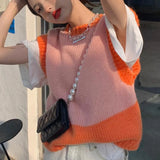 Korean Style Fashion Sweater Vest Women's Spring 2024 New O Neck Patchwork Loose Pullover Female Chic Sweater Lazy Knitted Top