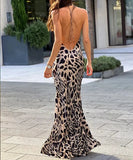 Satin Leopard Print Swinging Collar Backless Maxi Dress Halter Straps Elegant Evening Party Classic Prom Vestido