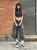 Cargo Pockets Camouflage Baggy Jorts Women Pleated Pintuck Loose Casual High Rise Denim Shorts Harajuku Retro Clothes