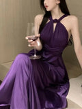 Purple Sexy Party Sleeveless Dress Women Chiffon France Vintage Long Dress Female Beach Elegant Chic Backless Dress Summer