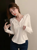 Korean Style Slim Crop Hoodies Women Pullovers Kpop Solid Hooded Sweatshirt White Long Sleeve Tops Autumn Fashion