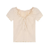 Sexy Ruffle V Neck Lace Up Cropped T-shirts Summer Women Solid Color Slim Student Korean Tshirt Tops CDPF-DL-5288