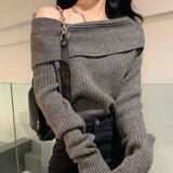 HiqdressHigh Street Sexy Off Shoulder Gray  Sweaters  Autumn New Thicked Warm Tops Women Y2k Grunge Long Sleeve Knitted Pullover