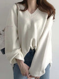 White Knitted Sweaters Women Autumn Winter Pullovers Female Korean Fashion Long Sleeve Knitwear Tops Elegant Loose V-Neck Jumper