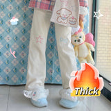 QWEEK Harajuku Kawaii White Corduroy Pants Women Japanese Style Sweet Cute Wide Leg Trousers Embroidery Girly Fleece Pantalon