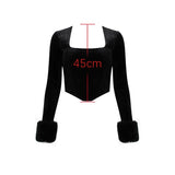 Autumn and Winter Women Crop Top Detachable Cuffs Long Sleeve Bodycon Tops Black Square Neck Short Sexy Top