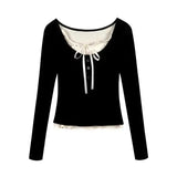 Korean Fashion Cropped Tshirt Women Long Sleeve Coquette Lace Streetwear Bow T-shirts Round Neck Tops Vintage Aesthetic