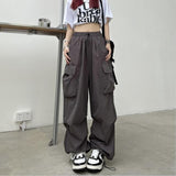 HiqdressWomen Y2K Cargo Pants Solid Low Waist Sweatpants Drawstring Wide Leg Baggy Trousers 2023 Summer Streetwear Punk Casual Tech Pant