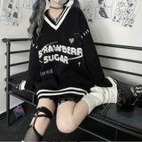 Deeptown Gothic Y2k Letter Black Sweater Women Harajuku Punk Dark Grunge Oversize Knitted Top Japanese Style Jk Jumper Female