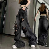 Women's Distressed Design Wide Leg Hole Jeans Summer New Street Unisex Style Trousers Loose High Waist Straight Denim Pants 4XL