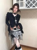 V-neck Black Gothic Blouses Women Lace Irregular Long Sleeve Korean Fashion Slim Ladies Shirt Chic Tops Y2k Blousa