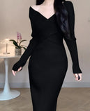 Women Elegant Slim Knitting Midi Dress Autumn New Solid Ribbed Bodycon Evening Party Vestidos Winter Sweater Robe Jumper