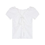 Sexy Ruffle V Neck Lace Up Cropped T-shirts Summer Women Solid Color Slim Student Korean Tshirt Tops CDPF-DL-5288