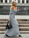 Tossy Off-Shoulder Knit Long Dress Women High Waist Slim Elegant Fashion Pleated Maxi Dress Long Sleeve Backless Knitwear Dress