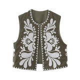 HiqdressWomen Fashion Y2k Vintage Floral Embroidery Vest Top V Neck Loose Casual Summer Woman Short Cardigan Waistcoat Chic Tops