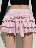 New Pink Casual Sweet Solid Bow A-Line Skirt with Skirt Slim Low-Waisted Mini Skirts Women Fashion Streetwear Ladies Chic