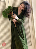 Women Vintage V Neck Velvet Dresses French Style Elegant Slim Waist Party Prom Robe Autumn Winter Long Sleeve One Piece Vestidos