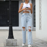 Fashion Ripped High Waist Wide Leg Pants Casual Denim Trousers Casual Jeans For Women 2023 New