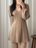 Knitted Mini Dresses Women Autumn Winter Lantern Sleeve V Neck Sweater Dress Female Korean Fashion Preppy Style Casual Dresses