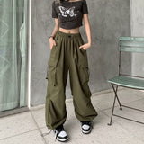 HiqdressWomen Big Pockets Cargo Pants Y2k High Elastic Waist Drawstring Baggy Trousers Vintage Casual Loose Side Zipper Straight Pants