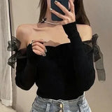 HiqdressSpring New Women's Fashion Bandage Knit Tops Korean Lady Sexy Short Off-Shoulder Sweater Daily Joker Tops Streetwear Female