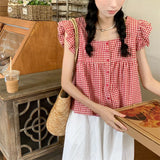 Sweet Plaid Sleeveless Shirt Women French Fashion Chic Preppy Style Tops Summer Casual Loose Patchwork Square Collar Blouse