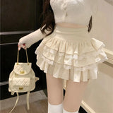 Lace Patchwork Mini Skirt Girly Style Fashion High Waist Ball Gown Korean Sexy Apricot Ruffles Pleated Skirt Ladies New