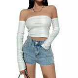 Female Crop Tops T-shirts, Solid Color Boat Neck Off Shoulder Sexy Tops Pullover with Long Sleeves for Summer Club Wear