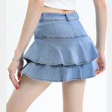 Women Ruffles Denim Skirts Summer Korean Fashion High Waist Mini Skirts Y2K Causal All Match Female Blue Jeans Skirts