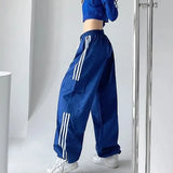 MEXZT Striped Sweatpants Women Hip Hop Streetwear Baggy Wide Leg Cargo Pants Bf Y2K High Waist Drawstring Joggers Trousers