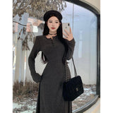 Long Sleeve Dress Women Solid Slim Knit Basic Midi Dress Autumn Winter Elegant All Match Vestidos Female Defined Waist New